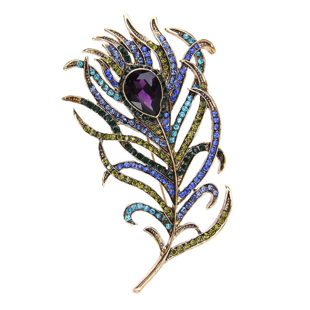 Crystal Peacock Feathers Brooch Boho Enamel Pins Deep Blue Brooches Wedding Accessories New Arrival